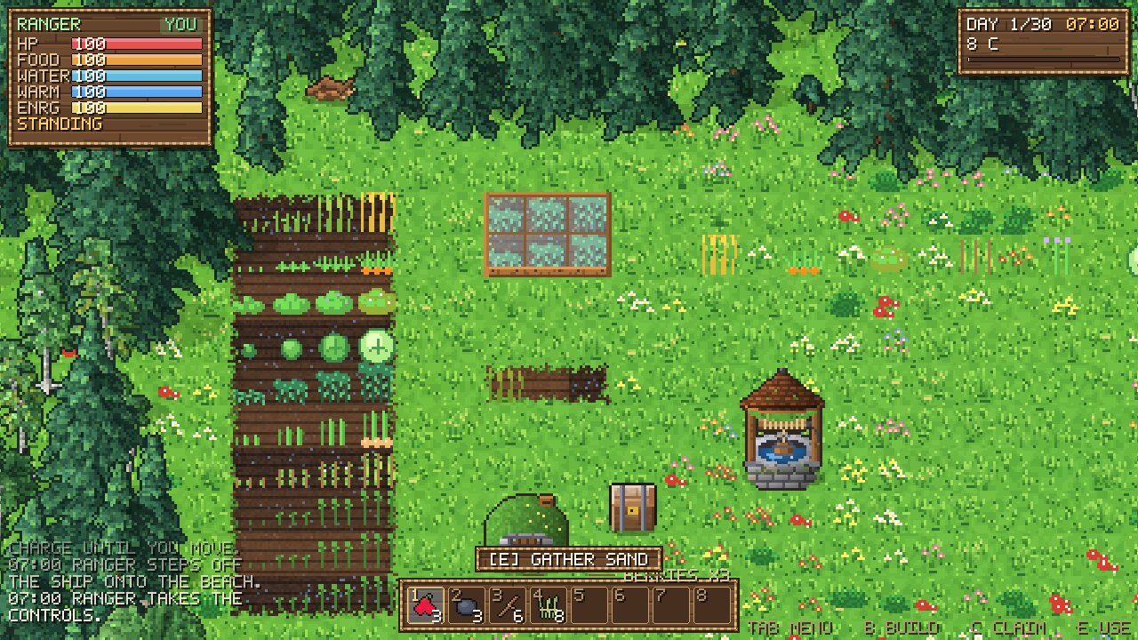 A farm with crop plots, a well and a cold frame